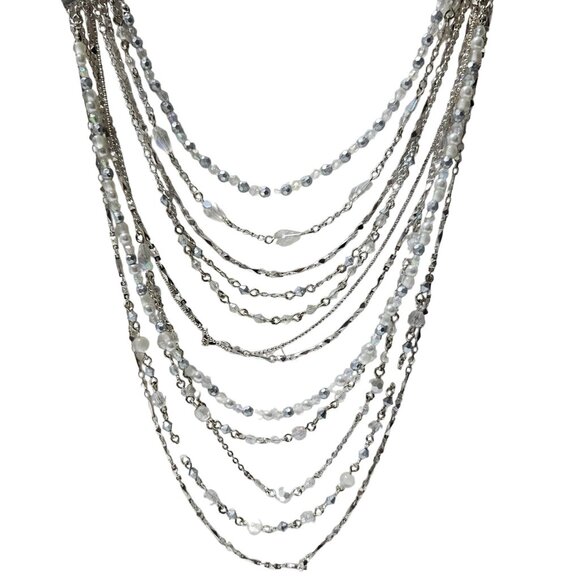 Elegant Multi Strand Silver Tone Beaded Statement Necklace Faux Pearls Beads - Picture 1 of 7